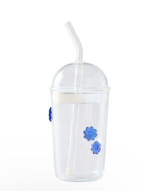 Glass Sipper Blue Floral Icon with Glass Lid plus Straw.
